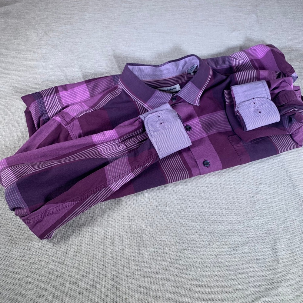 Tommy Bahama Mens XL Purple Plaid Long‎ Sleeve Button Down Shirt Silk Blend